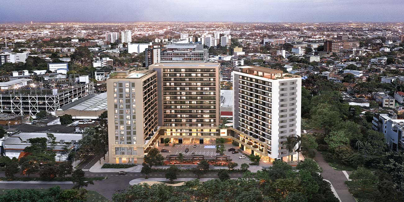 Vista arquitectónica de las tres torres del conjunto Trialto en Cali